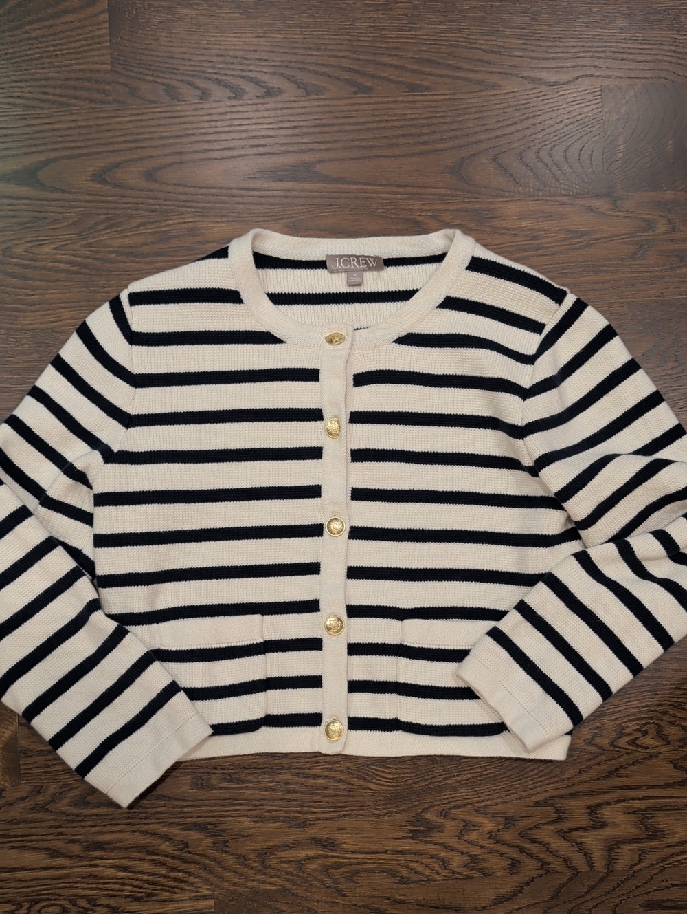 J. Crew Ivory and Navy Striped Button-Up Cardigan
